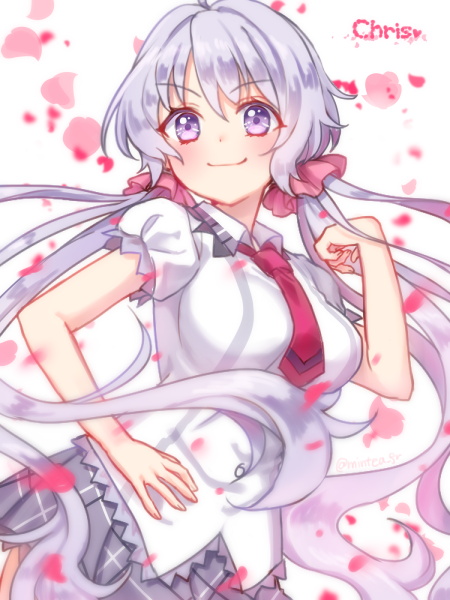 1girl, blush, breasts, character_name, cherry_blossoms, hand_on_hip, heart, long_hair