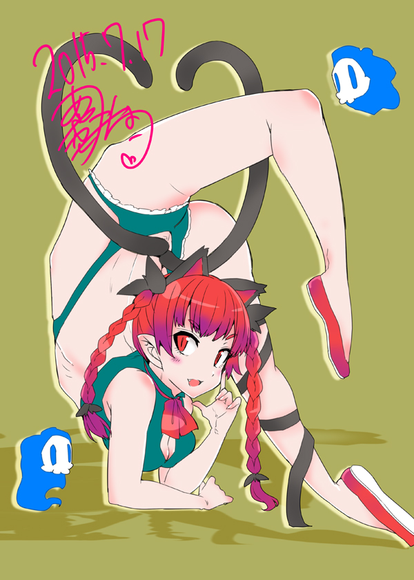 1girl, animal_ears, ayakase_riberi, blush, cat_ears, cat_tail, fang, ghost, gymnastics, kaenbyou_rin, pointing, red_eyes, redhead, solo, tail, touhou