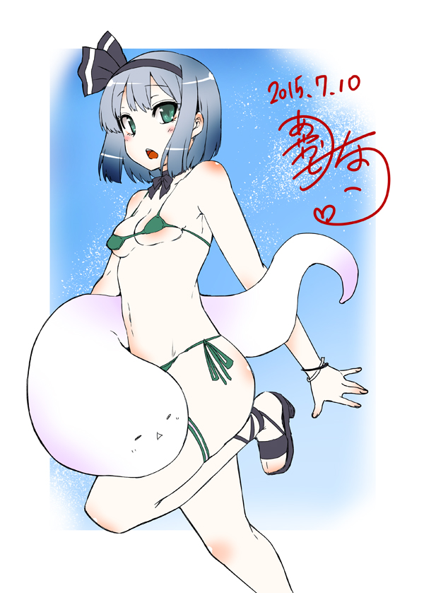 1girl, ayakase_riberi, bikini, bow, choker, green_eyes, hair_bow, hitodama