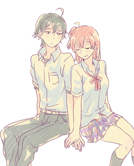 closed_eyes, hikigaya_hachiman, holding_hands, school_uniform, sitting, yahari_ore_no_seishun_lovecome_wa_machigatteiru., yuigahama_yui, zbura