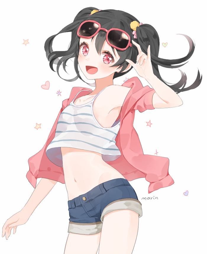 1girl, :d, black_hair, blush, jacket, long_hair, looking_at_viewer, love_live!_school_idol_project