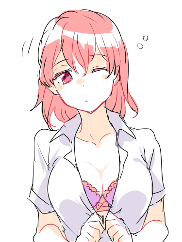 1girl, bra, dressing, lowres, one_eye_closed, pink_hair, shirt, short_hair, underwear, yahari_ore_no_seishun_lovecome_wa_machigatteiru., yuigahama_yui, zbura