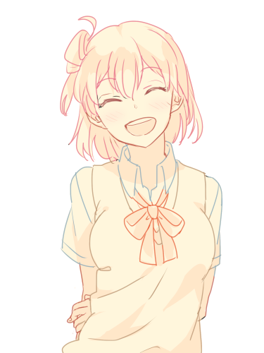 closed_eyes, lowres, open_mouth, school_uniform, smile, sweater_vest, yahari_ore_no_seishun_lovecome_wa_machigatteiru., yuigahama_yui