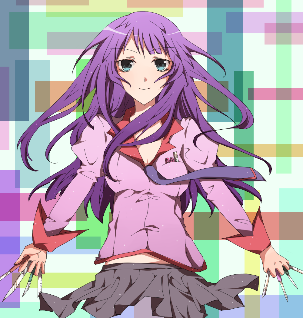 blue_eyes, koko_(artist), koko_(pixiv56390), long_hair, monogatari_(series), purple_hair, school_uniform, senjougahara_hitagi