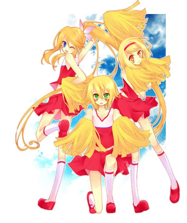 2girls, alice, alice_(tales_of_symphonia_kor), blue_eyes, blush, cheerleader, crossdressinging, emil