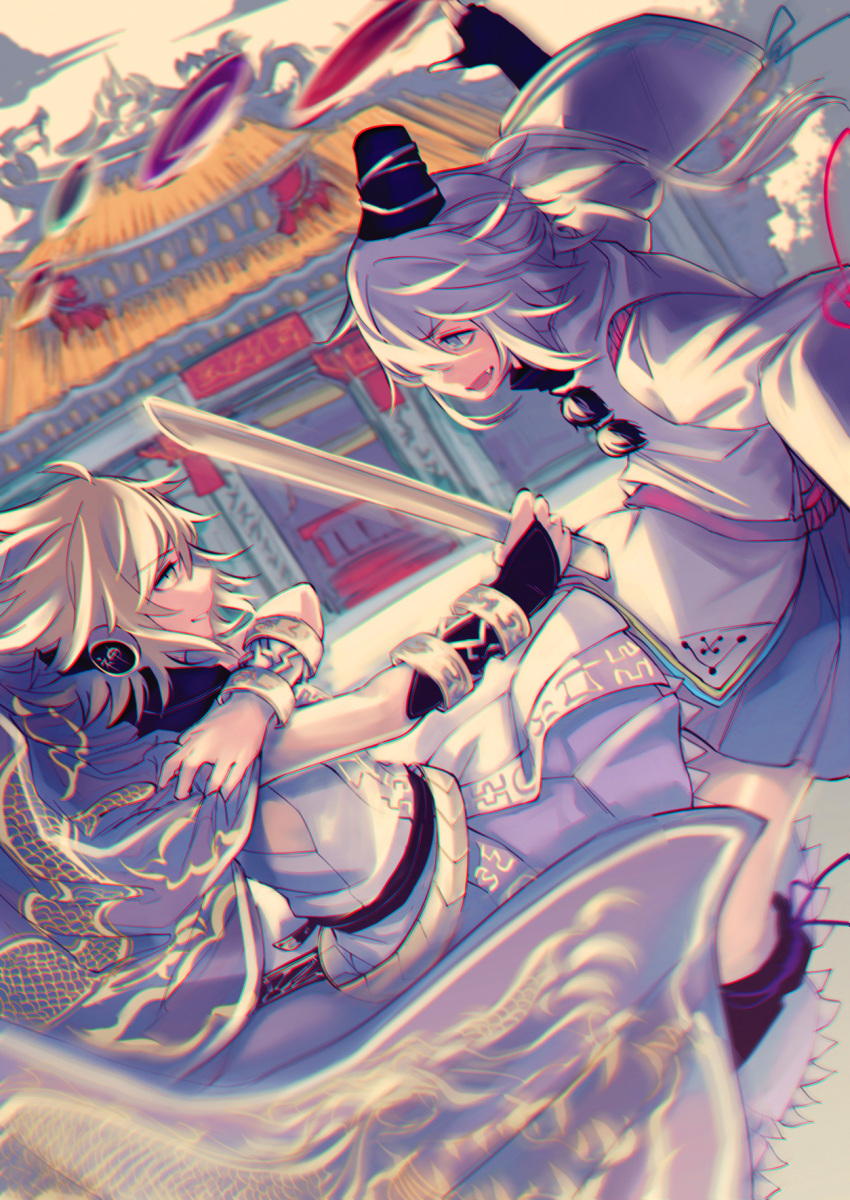 2girls, anaglyph, belt, blonde_hair, blue_eyes, cape, earmuffs, hat, highres, japanese_clothes, kariginu, long_hair, long_sleeves, looking_at_another, mausoleum, mononobe_no_futo, multiple_girls, open_mouth, ponytail, skirt, sleeveless, tate_eboshi, touhou, toyosatomimi_no_miko, vento, white_hair, wide_sleeves, wristband, yellow_eyes