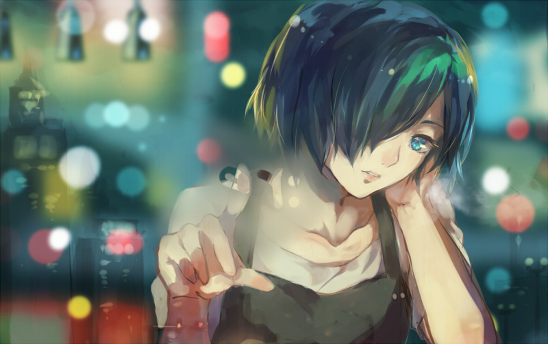 1girl, blue_eyes, blue_hair, building, collarbone, copyright_name, finger_writing, fuurin