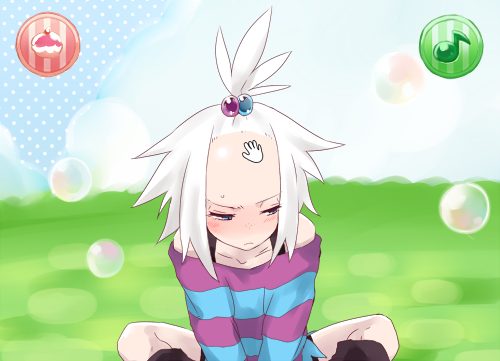 1girl, blue_eyes, blush, boots, bubble, cursor, dress, embarrassed, fake_screenshot, forehead, freckles, gameplay_mechanics, hair_bobbles, hair_ornament, homika_(pokemon), looking_away, lowres, pokemon, pokemon-amie, pokemon_(game), pokemon_bw2, rin_(cuddlecore), short_dress, short_hair, solo, striped, striped_dress, topknot, white_hair