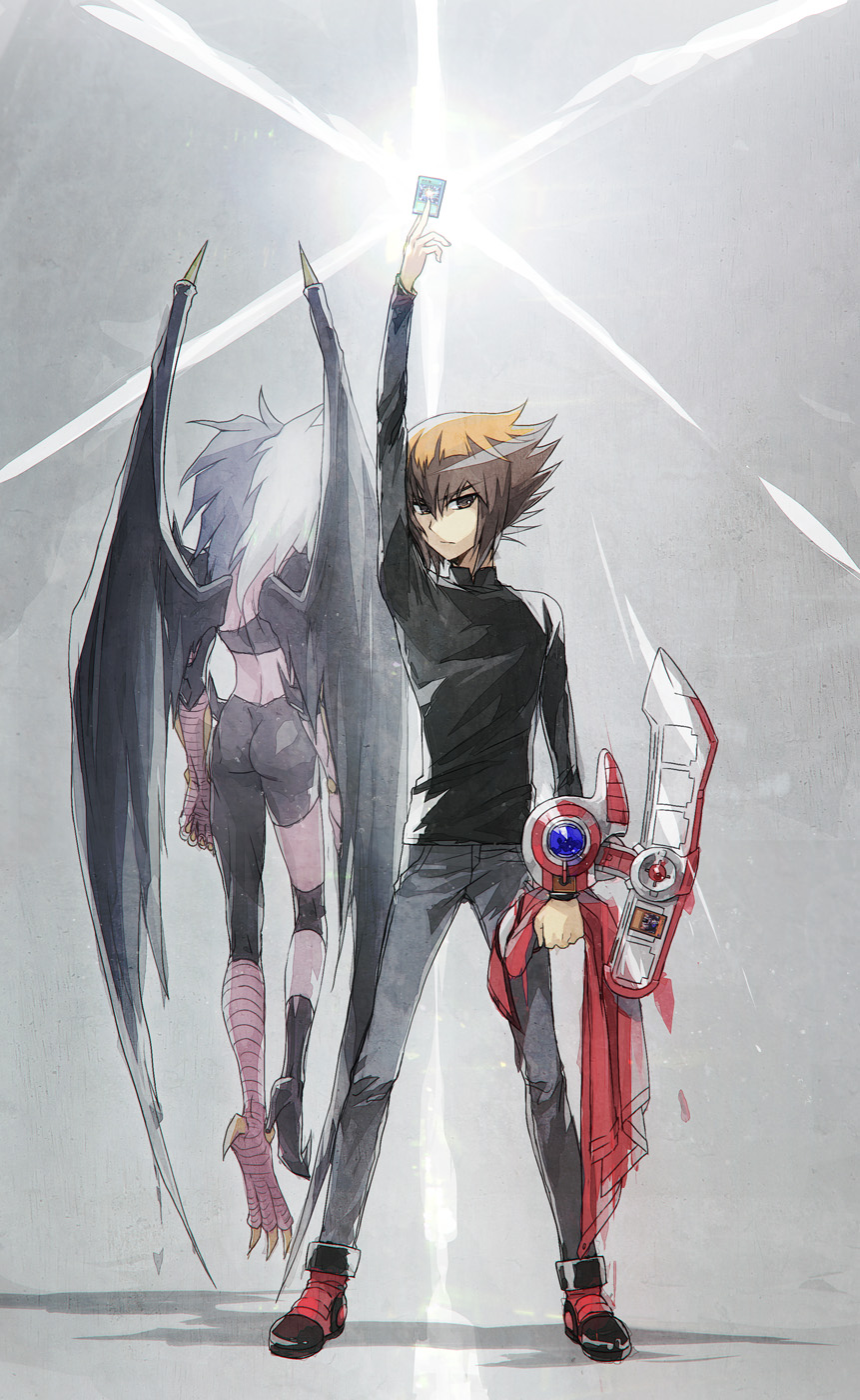 back_view, black_shirt, brown_eyes, brown_hair, card, denim, duel_disk, duel_monster