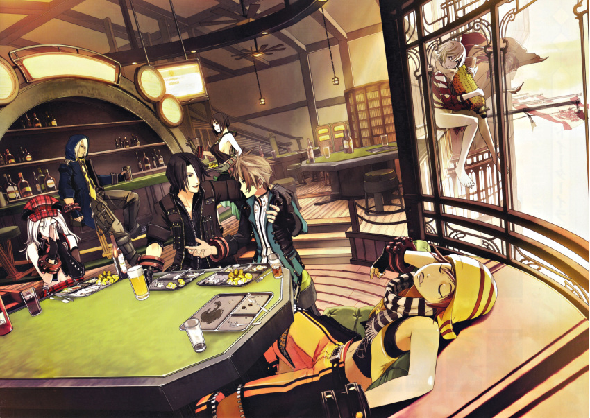 3boys, 3girls, absurdres, alcohol, alisa_ilinichina_amiella, amemiya_rindou, artist_request, bar