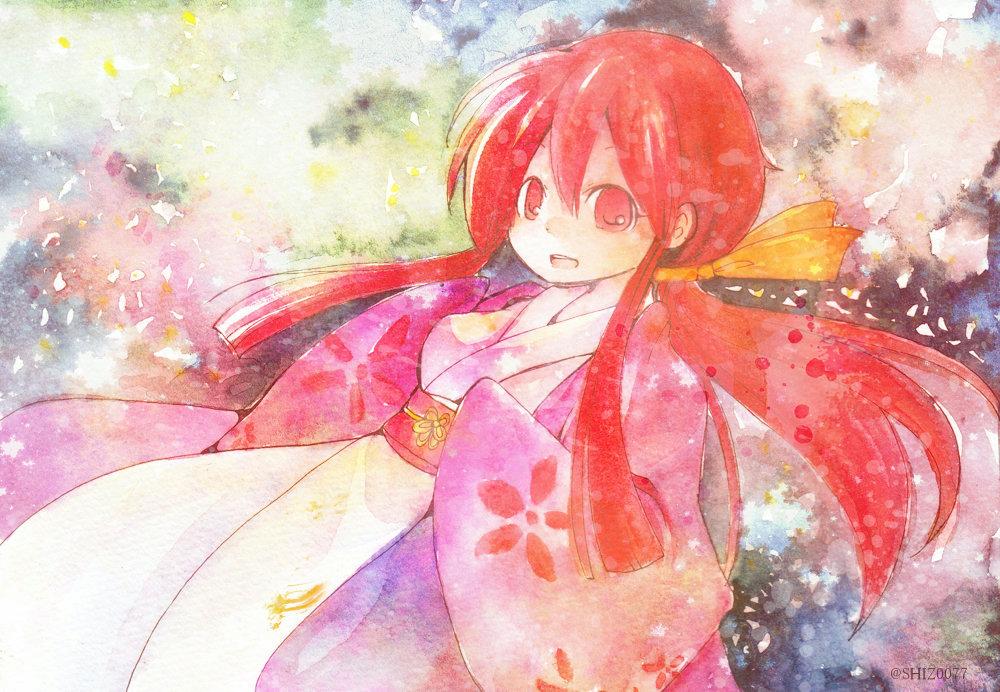 1girl, artist_name, hair_ribbon, japanese_clothes, kimono, kotohime, obi, red_eyes, redhead, ribbon, sash, shiz_(#0077), touhou, touhou_(pc-98), twitter_username
