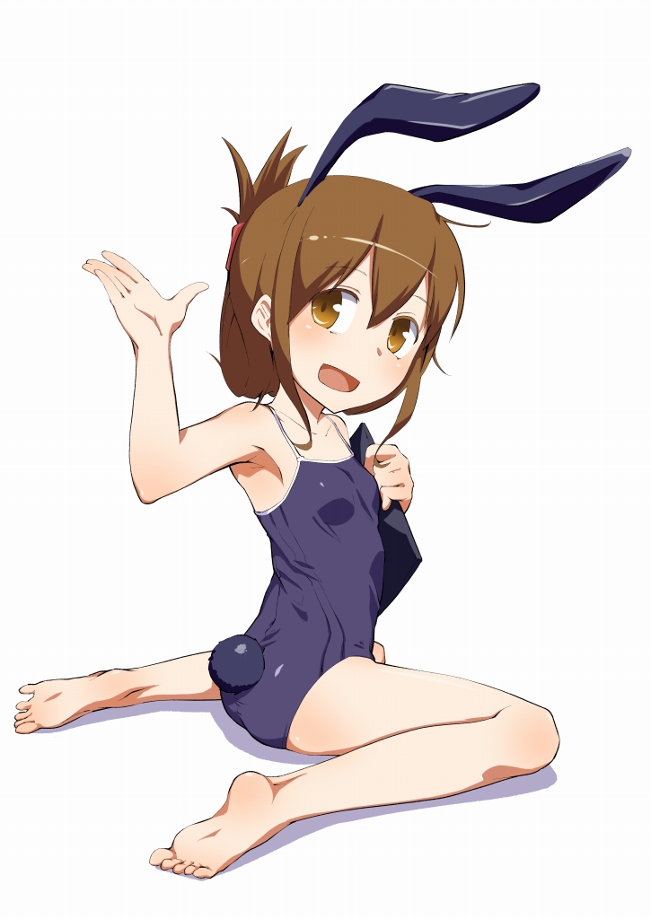 1girl, animal_ears, brown_eyes, brown_hair, bunny_tail, clipboard, competition_school_swimsuit, folded_ponytail
