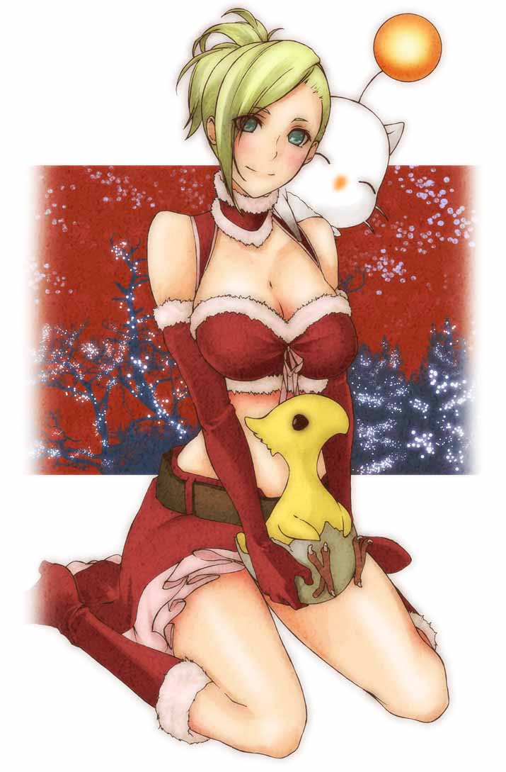 1girl, 6goku4f, aqua_eyes, blonde_hair, blush, boots, breasts, chocobo