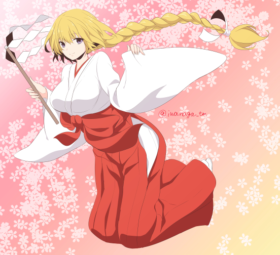 1girl, blonde_hair, braid, fate/apocrypha, fate_(series), gohei, hakama, iwanaga_tm