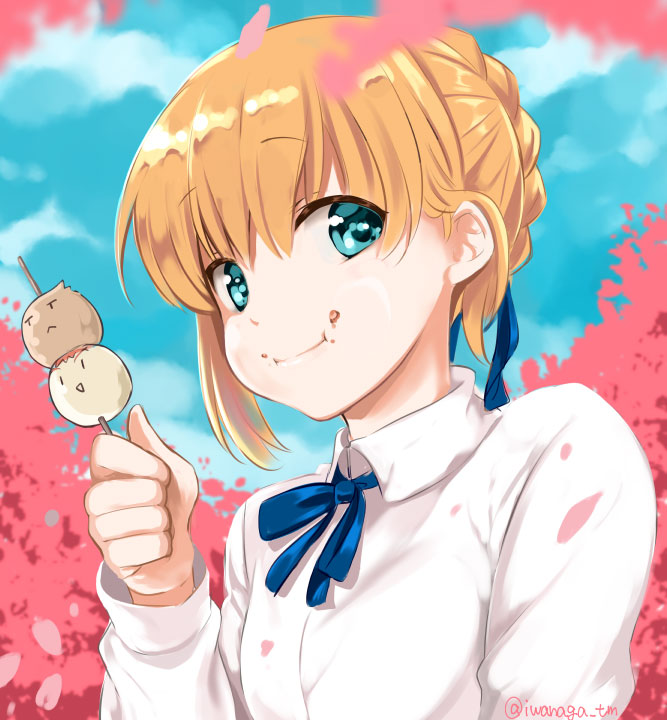 1girl, :t, blonde_hair, blue_eyes, dango, fate/stay_night, fate_(series), food