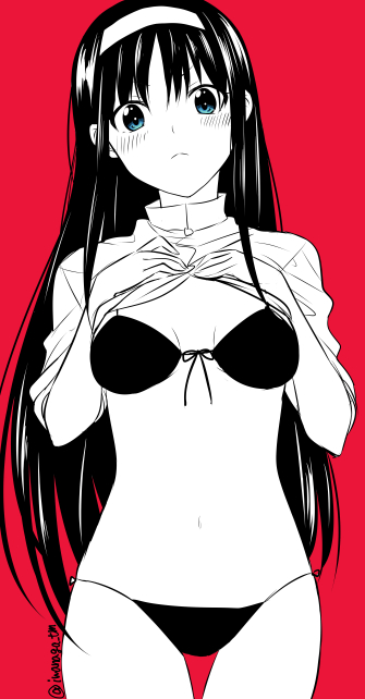1girl, :<, bikini, blue_eyes, blush, hairband, iwanaga_tm, solo