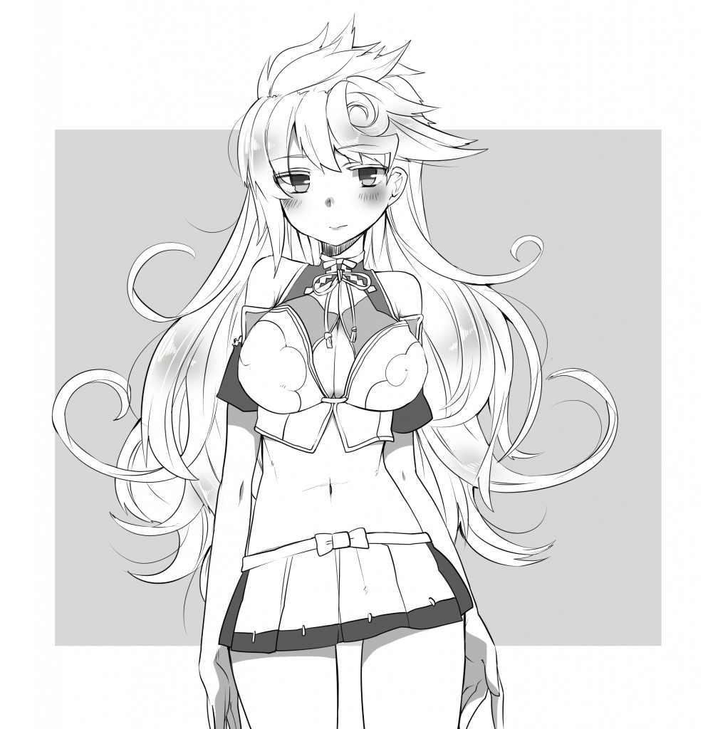 1girl, alternate_hairstyle, arms_at_sides, asymmetrical_hair, bare_shoulders, blush, cleavage_cutout, crop_top