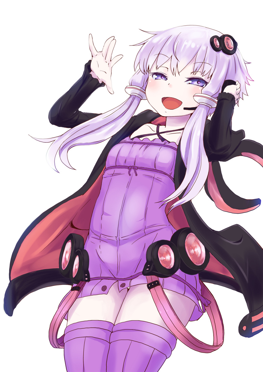 1girl, dress, hair_ornament, highres, hooded_jacket, jacket, long_hair, murasaki_orange, purple_hair, short_hair_with_long_locks, smile, solo, thigh-highs, violet_eyes, vocaloid, voiceroid, yuzuki_yukari