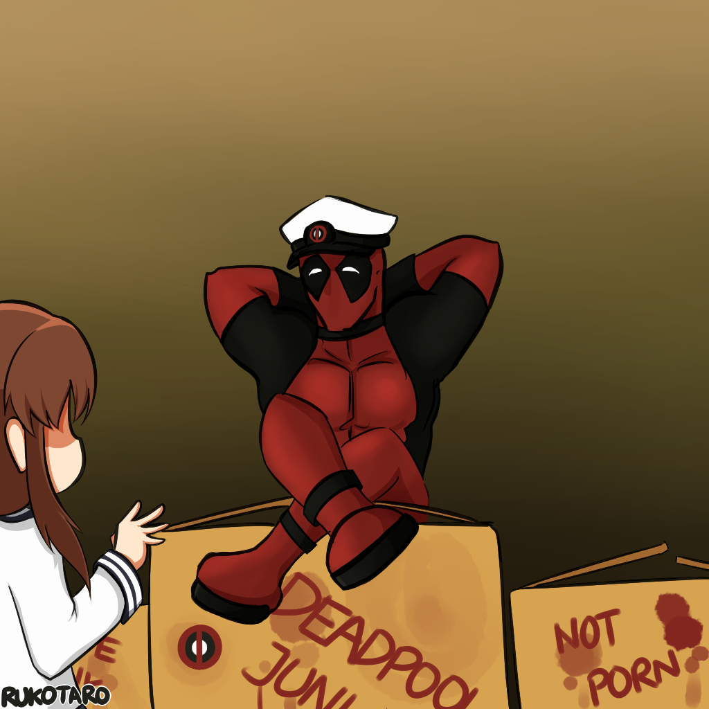 1boy, 1girl, admiral_(kantai_collection), admiral_(kantai_collection)_(cosplay), box, brown_hair, cardboard_box, crossover, deadpool, hat, inazuma_(kantai_collection), kantai_collection, marvel, military, military_uniform, peaked_cap, rukotaro, uniform