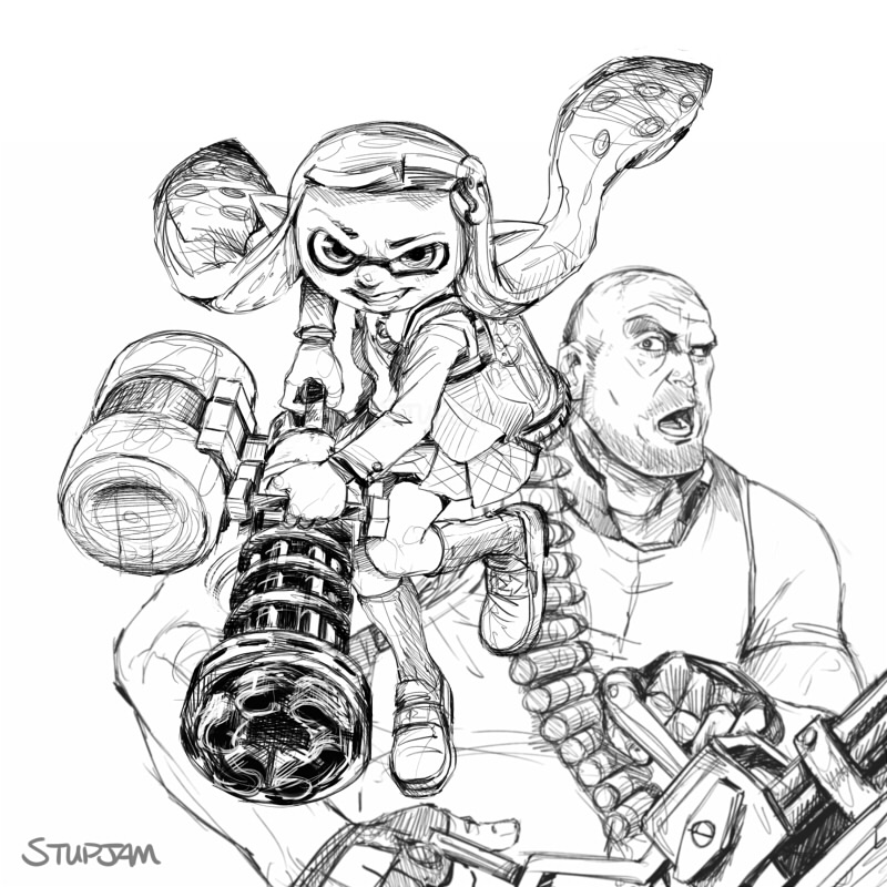1boy, 1girl, bald, bandolier, bullet, crossover, fingerless_gloves, gloves