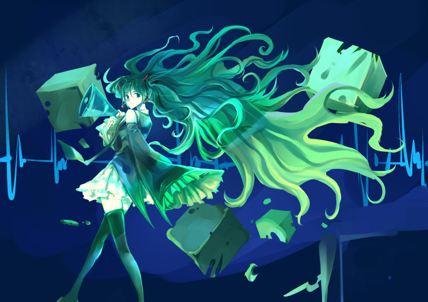 1girl, absurdres, cube, detached_sleeves, green_eyes, green_hair, halftone, hatsune_miku, headset, highres, long_hair, megaphone, skirt, solo, thigh-highs, very_long_hair, vocaloid, xieyaye