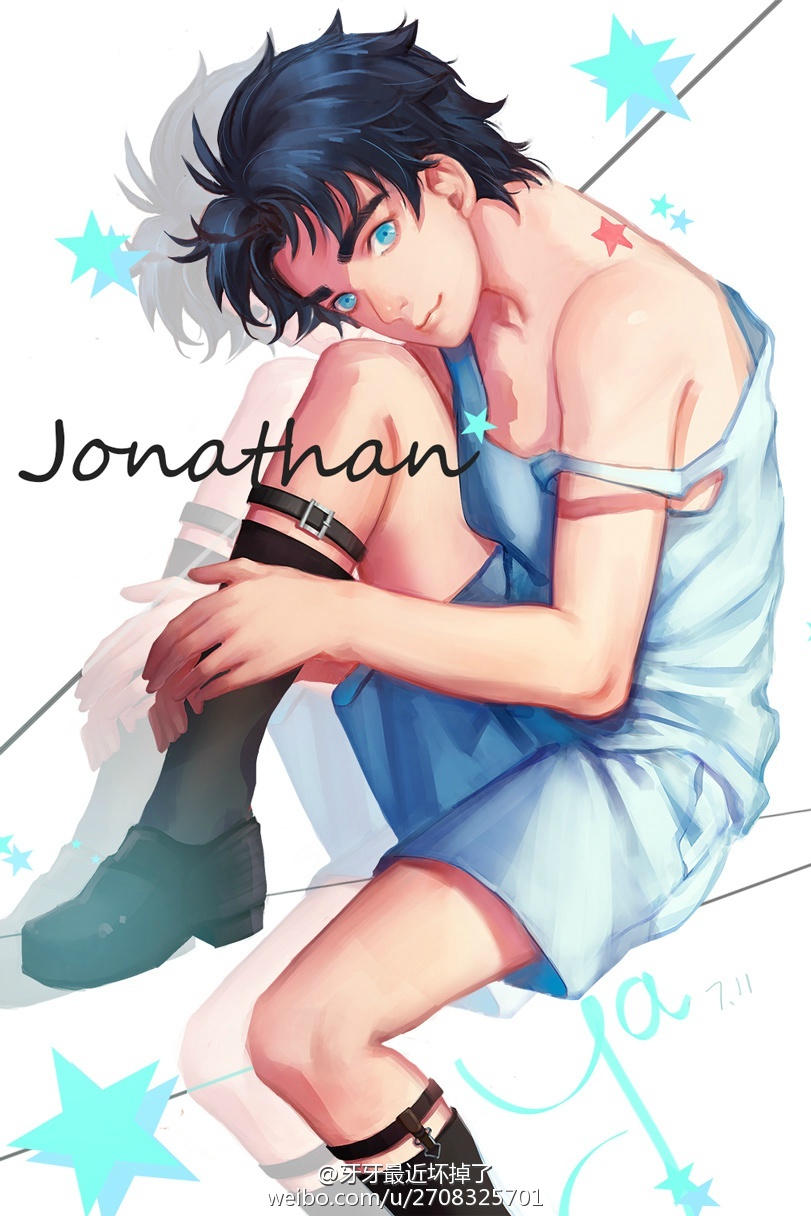 belt, birthmark, blue_eyes, blue_hair, character_name, child, highres, joestar_birthmark, jojo_no_kimyou_na_bouken, jonathan_joestar, projected_inset, shorts, socks, star, tank_top, watermark, web_address, xieyaye, younger