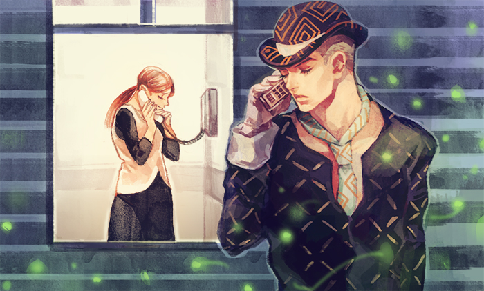 1boy, 1girl, bowler_hat, brown_hair, hat, jojo_no_kimyou_na_bouken, kawajiri_shinobu, kira_yoshikage, phone, ponytail, uko_(moi08)