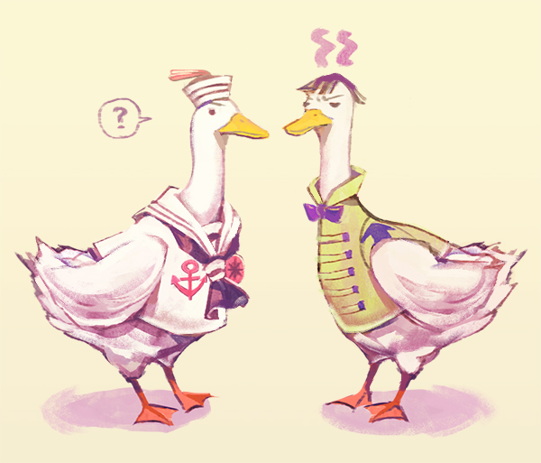 ?, animalization, bird, black_hair, dixie_cup_hat, duck, hat, higashikata_joushuu