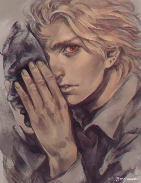 1boy, blonde_hair, dio_brando, jojo_no_kimyou_na_bouken, realistic, red_eyes, solo, stone_mask_(jojo)