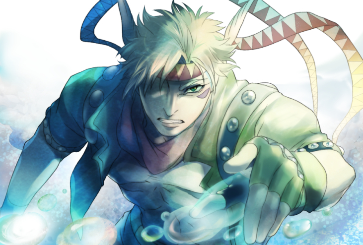 1boy, blonde_hair, bubble, caesar_anthonio_zeppeli, denka_(cloudy-gray), facial_mark, fingerless_gloves, gloves, green_eyes, headband, jojo_no_kimyou_na_bouken, solo