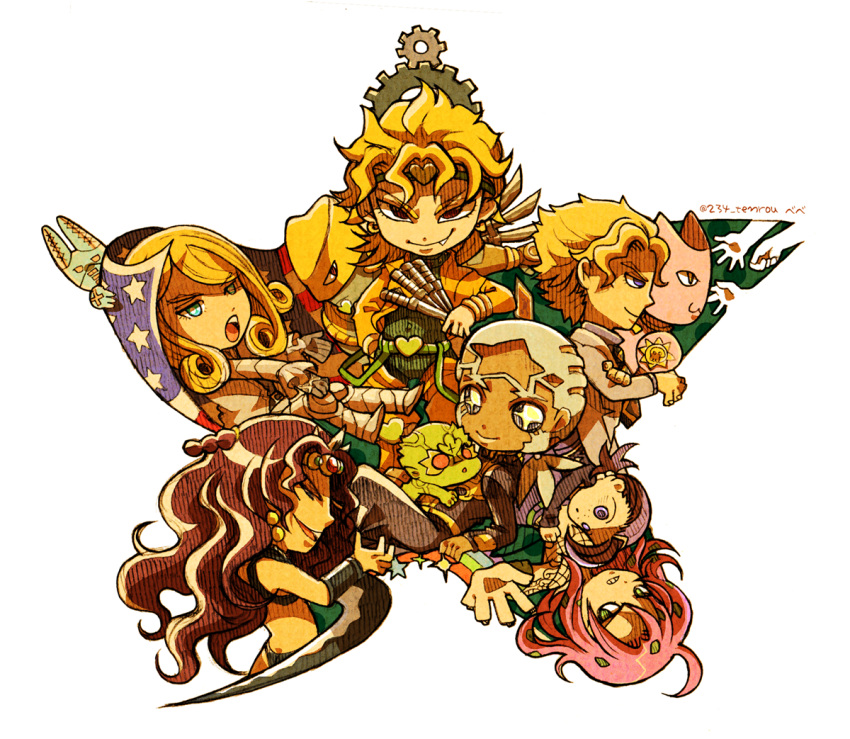 +_+, american_flag, artist_name, bebe_(ad234_tenrou), blade, blonde_hair, blue_eyes, diavolo, dio_brando, dirty_deeds_done_dirt_cheap, enrico_pucci, fang, formal, funny_valentine, gears, green_baby_(jojo), green_eyes, hands, headband, horns, jacket, jojo_no_kimyou_na_bouken, kars_(jojo), killer_queen, kira_yoshikage, knife, long_hair, necktie, pink_hair, purple_hair, rainbow, sparkle, stand_(jojo), steel_ball_run, suit, the_world, vinegar_doppio, violet_eyes, white_hair