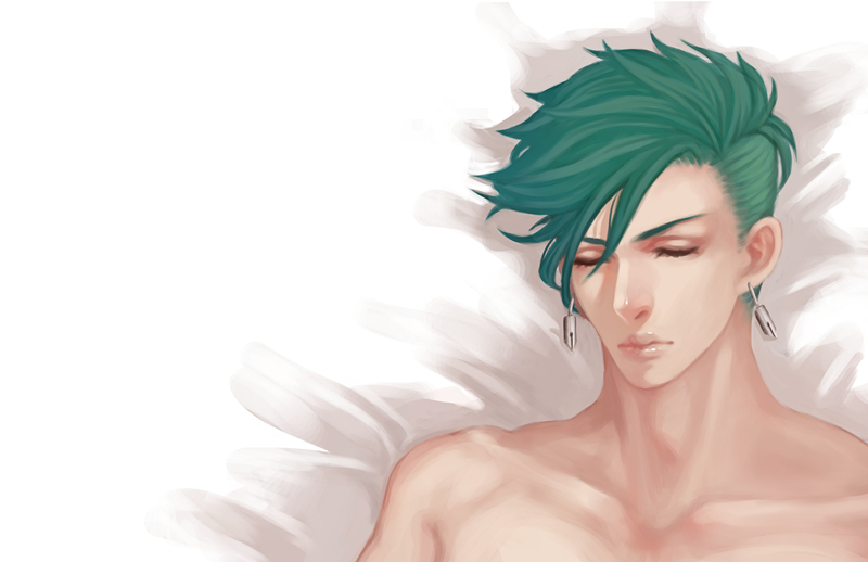 1boy, aqua_hair, bed, haruka4413, jojo_no_kimyou_na_bouken, kishibe_rohan, sleeping, solo