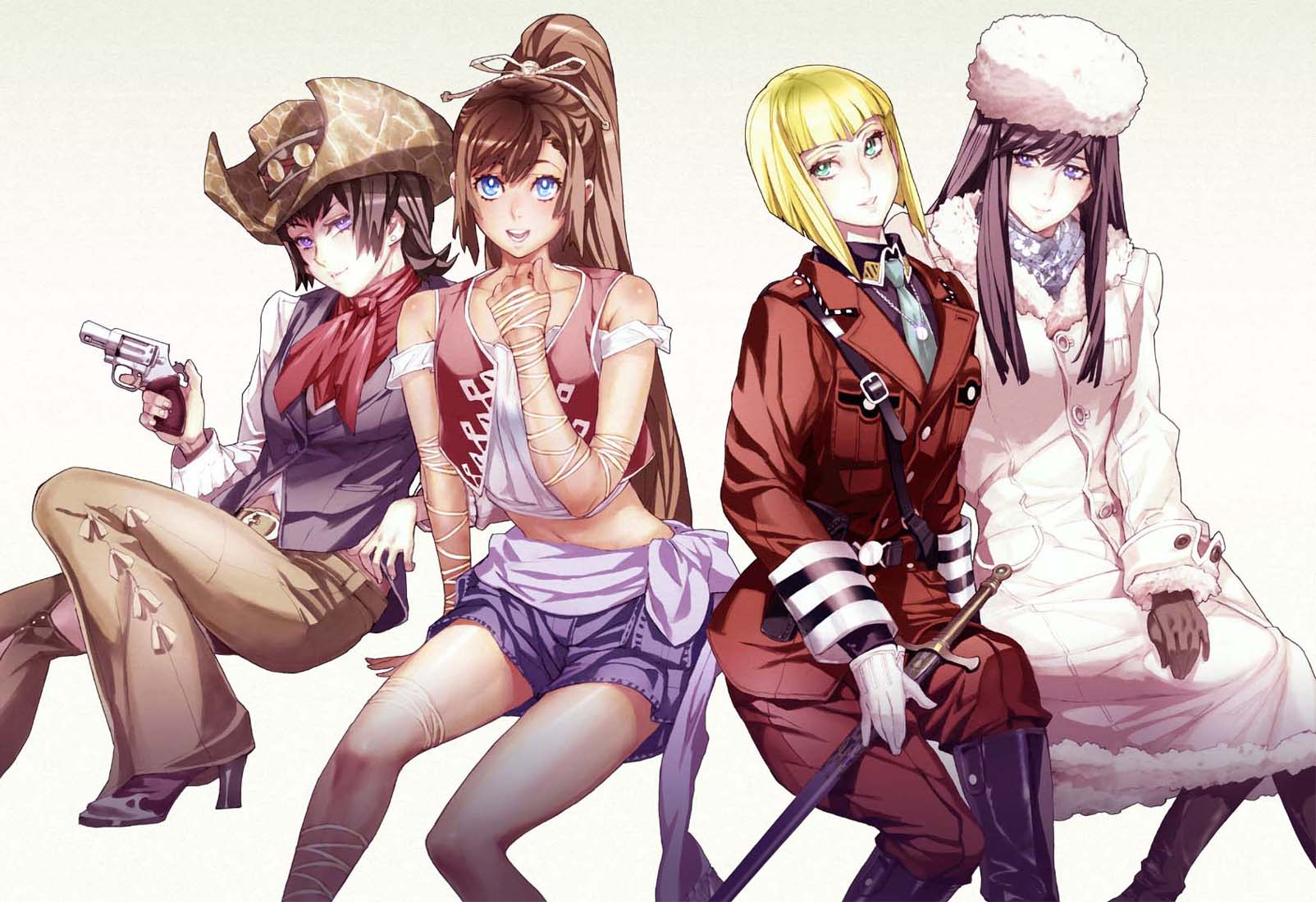 4girls, black_hair, blonde_hair, blue_eyes, brown_hair, cowboy_hat, fur_hat, green_eyes