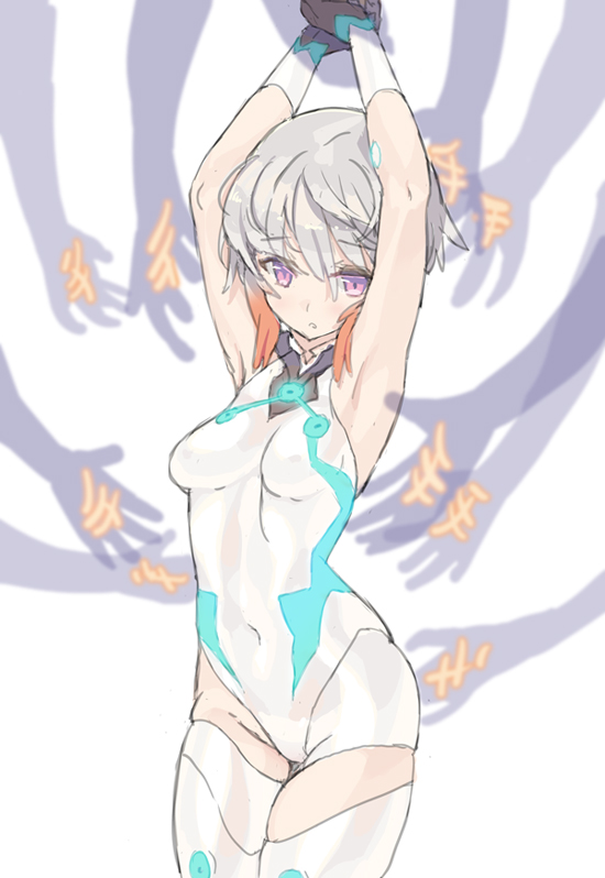 1girl, aquarion_(series), aquarion_logos, armpits, arms_up, asymmetrical_clothes, bangs, black_gloves