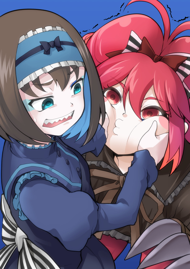 2girls, blue_eyes, blush_stickers, claw_(weapon), dress, drill_hair, garie_tuman, hair_ornament