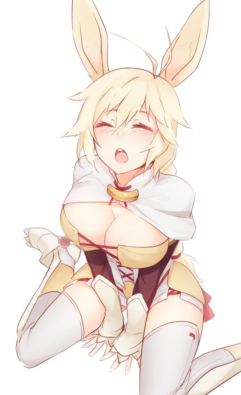 1girl, animal_ears, blonde_hair, blush, breasts, cleavage, closed_eyes, highres