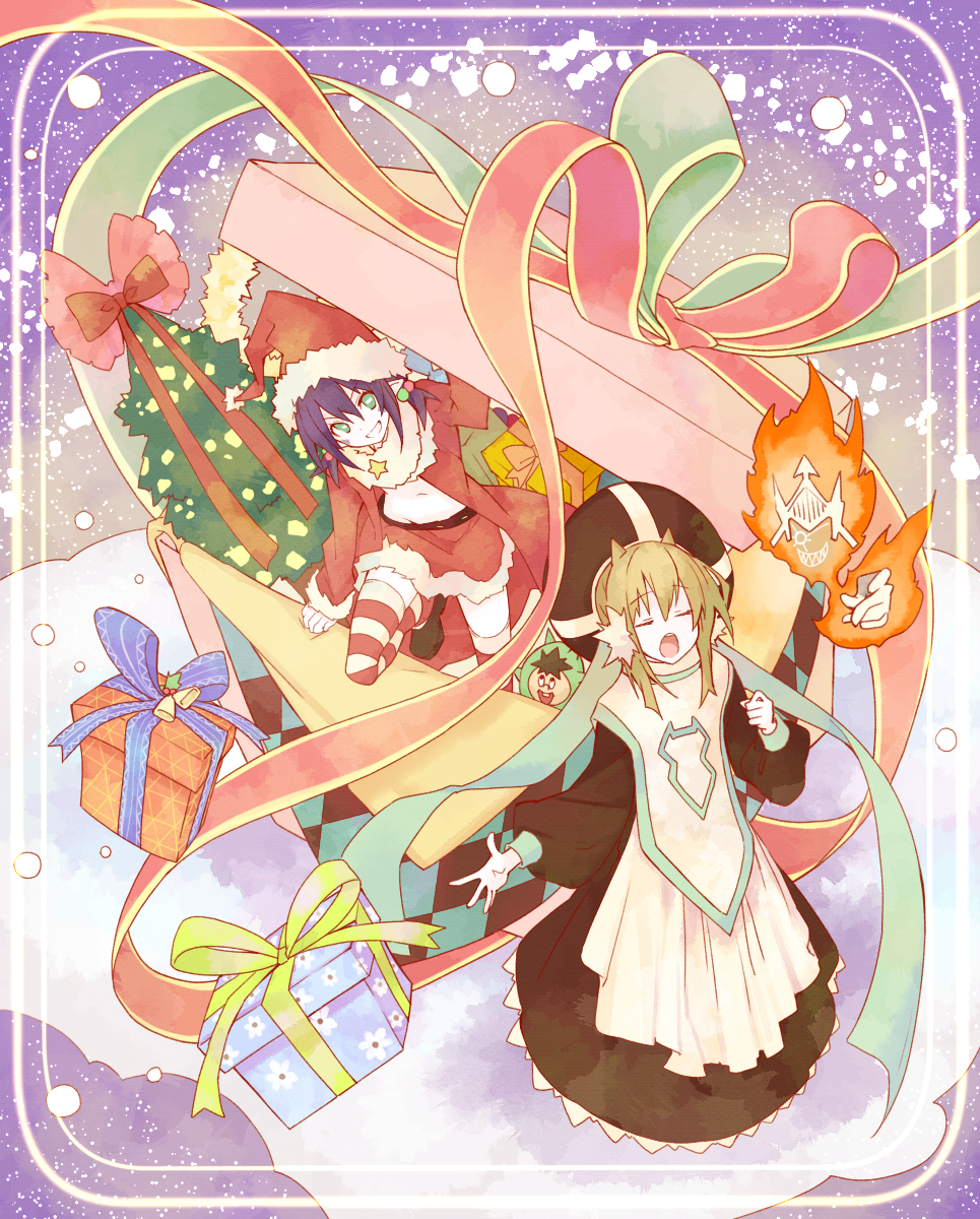2girls, alternate_costume, box, christmas, christmas_tree, clione, closed_eyes, fire