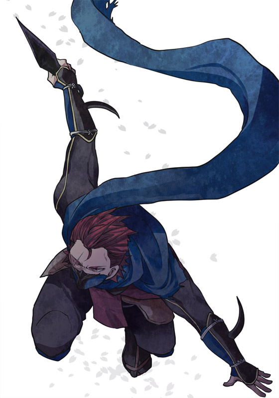 1boy, fire_emblem, fire_emblem_if, jinnai_(zin-x), kunai, mask, ninja, redhead, saizou_(fire_emblem_if), scar, scarf, solo, weapon, white_background