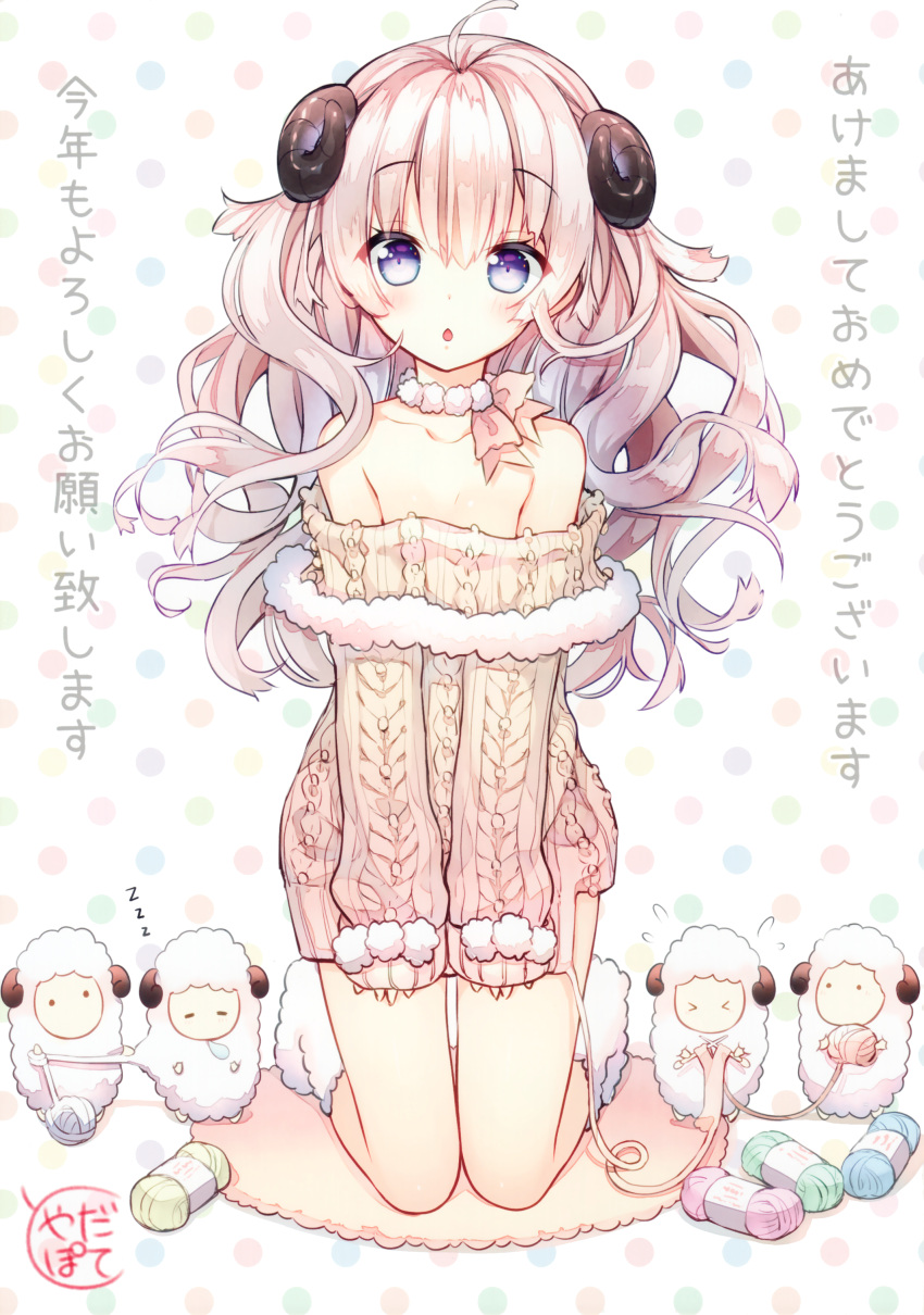 1girl, absurdres, bare_shoulders, bow, choker, highres, horns, kneeling