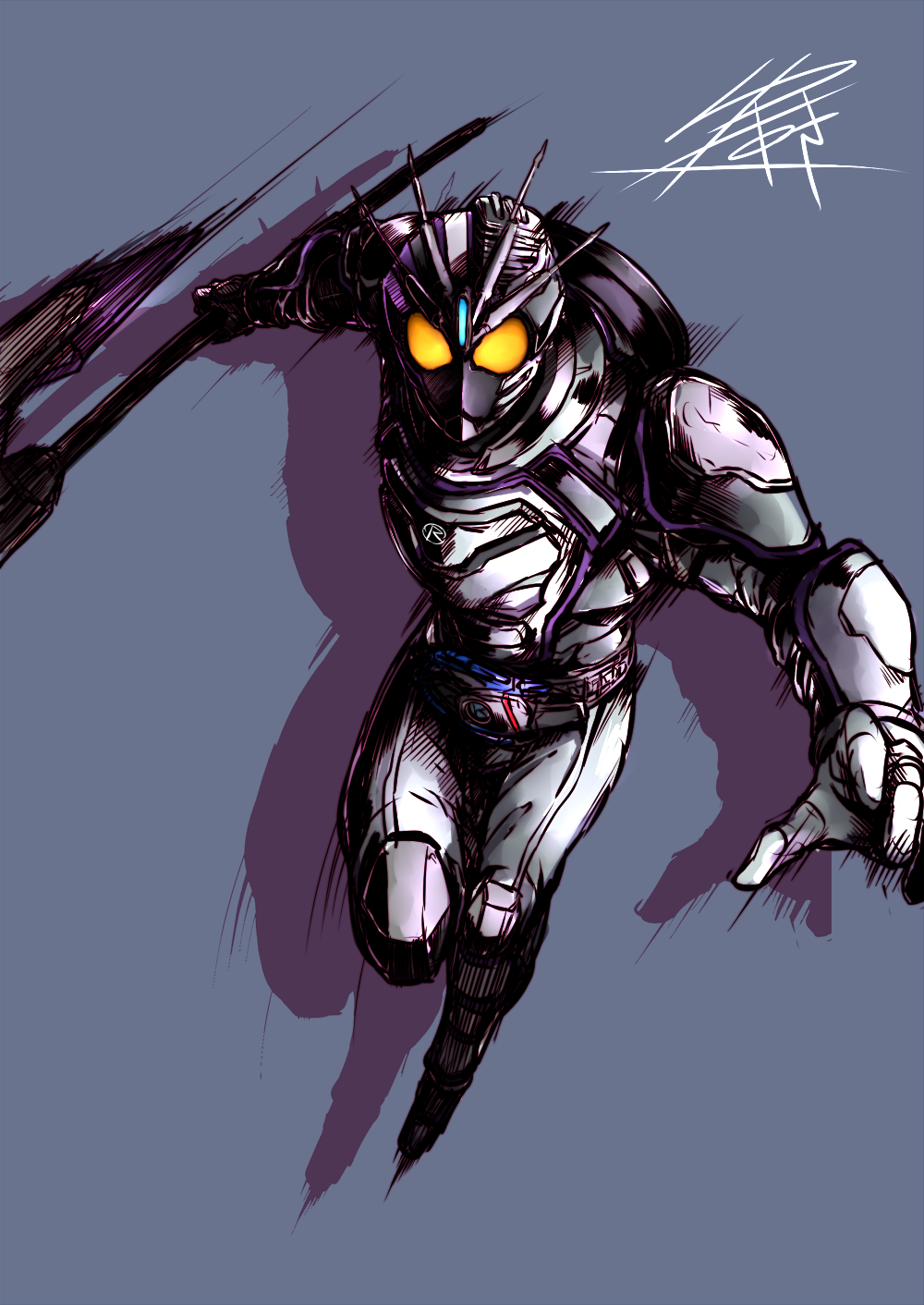 1boy, armor, axe, belt, highres, kamen_rider, kamen_rider_chaser, kamen_rider_drive_(series)