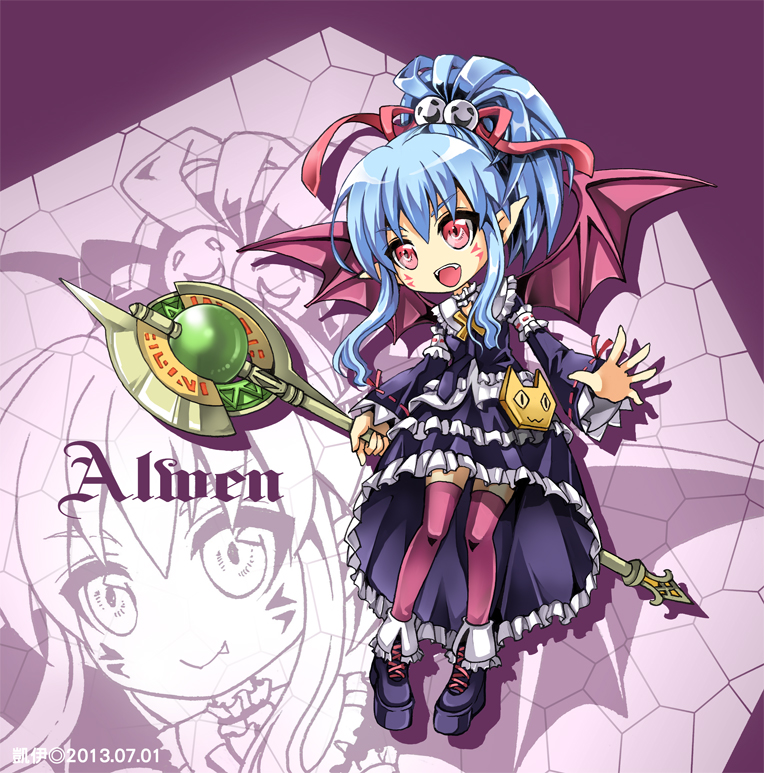 1girl, 2013, :d, alwen_du_moonbria, bat_wings, black_shoes, black_skirt, blue_hair