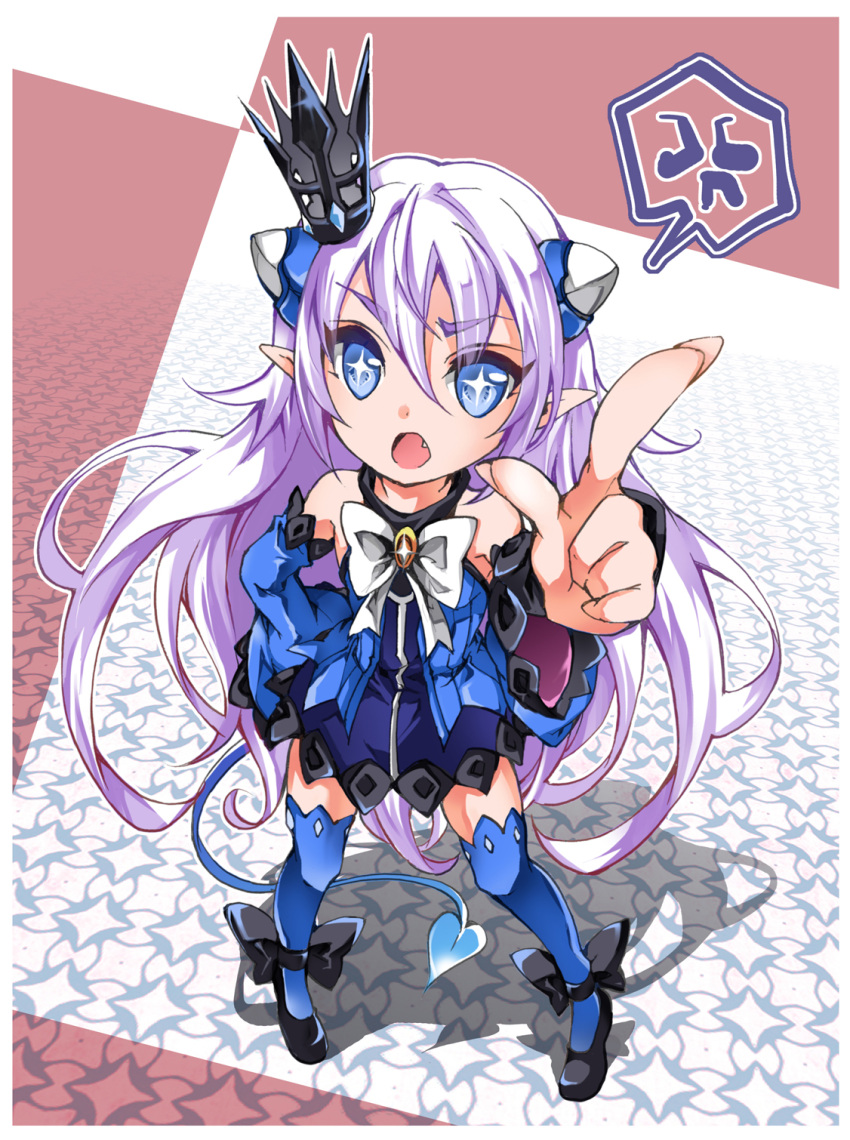 1girl, :o, anger_vein, arm_up, black_shoes, blue_eyes, blue_legwear, blue_skirt, bow, brooch, crown, detached_sleeves, elsword, from_above, highres, jewelry, kai_(pixiv), long_hair, luciela_r._sourcream, mini_crown, pointing, pointy_ears, shoes, skirt, solo, spoken_anger_vein, standing, symbol-shaped_pupils, tail, thigh-highs, white_bow, white_hair