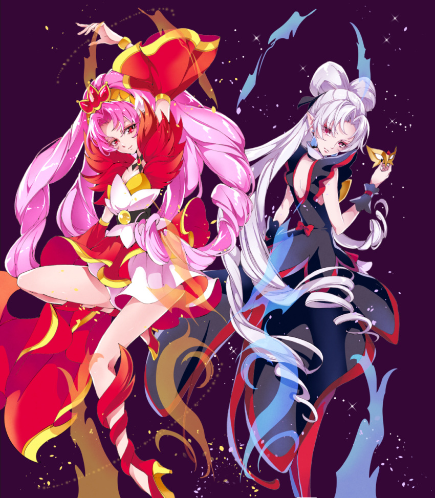 2girls, akagi_towa, arm_up, belt, bracelet, chiyo_(rotsurechiriha), choker, cure_scarlet