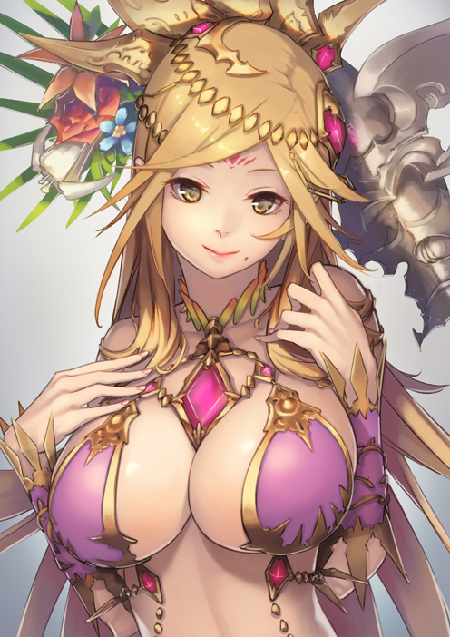 1girl, blonde_hair, bracer, breasts, facial_mark, flower, forehead_mark, hair_flower