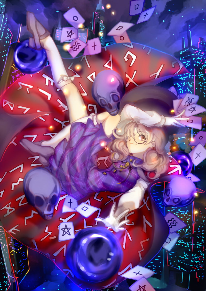 1girl, akari_(qq941315189), arm_up, brown_eyes, cape, cityscape, dress, full_body
