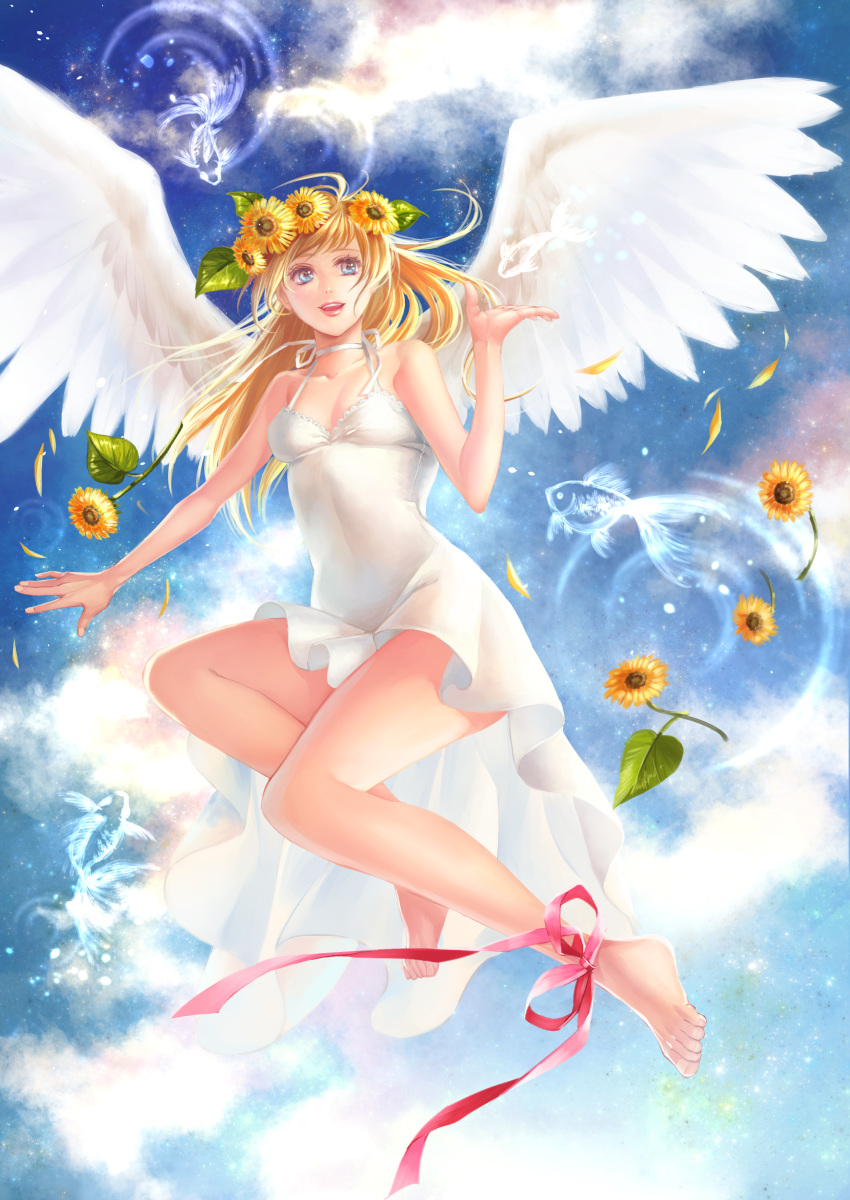 1girl, absurdres, ankle_ribbon, bare_shoulders, barefoot, blonde_hair, blue_eyes, dress, fish, flower, hair_flower, hair_ornament, head_wreath, highres, legs, lips, long_hair, sky, smile, solo, sundress, sunflower, turukokoko, wings