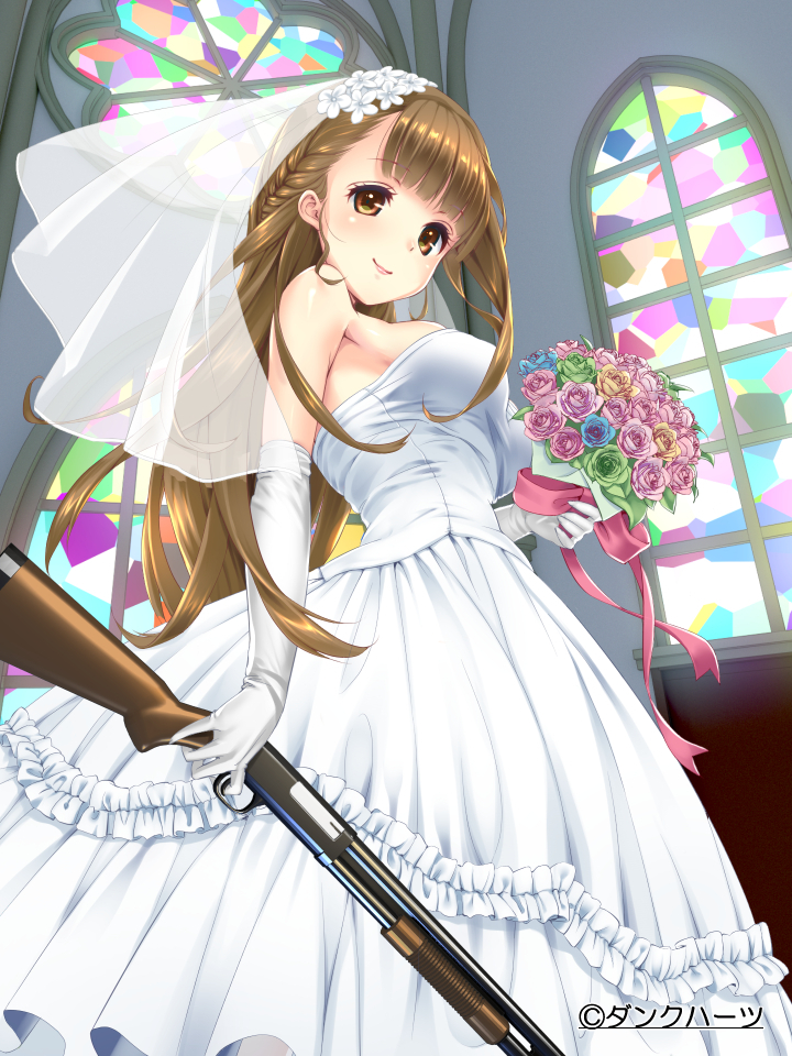 1girl, bare_shoulders, bouquet, brown_eyes, brown_hair, dress, flower, gloves