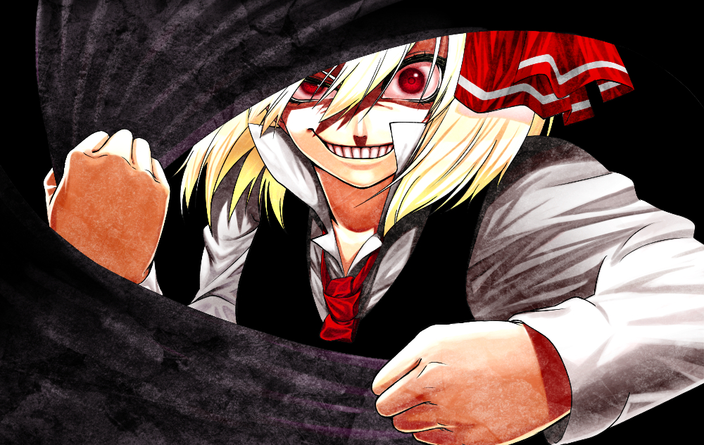 1girl, anderson, blonde_hair, darkness, evil_grin, evil_smile, grin, hair_ribbon
