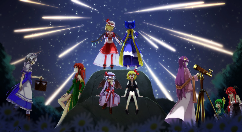 6+girls, :d, adapted_costume, alternate_hairstyle, bat_wings, blonde_hair, blue_hair, cirno