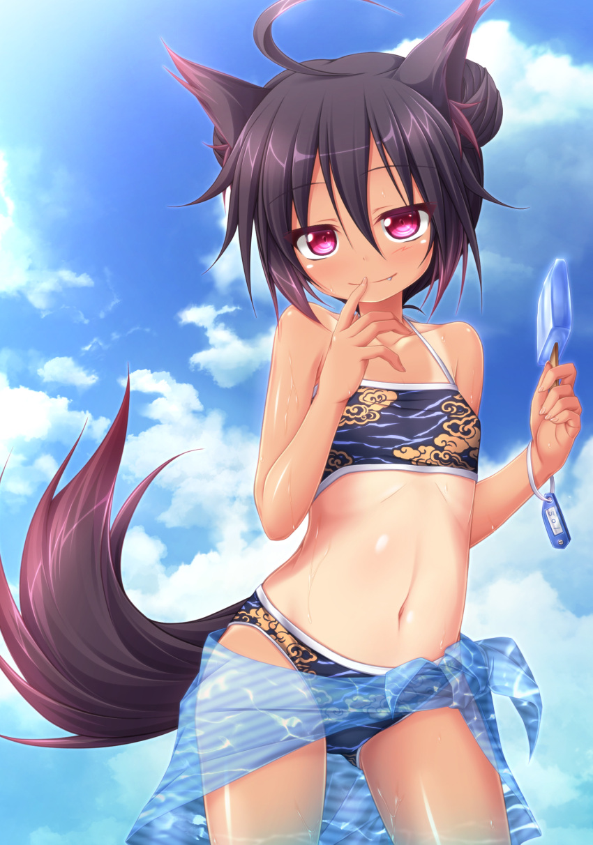 1girl, ahoge, animal_ears, bikini, black_hair, blush, fang, highres